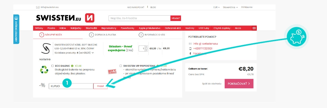 Návod ako uplatniť zľavový kód v košíku e-shopu Swissten.eu