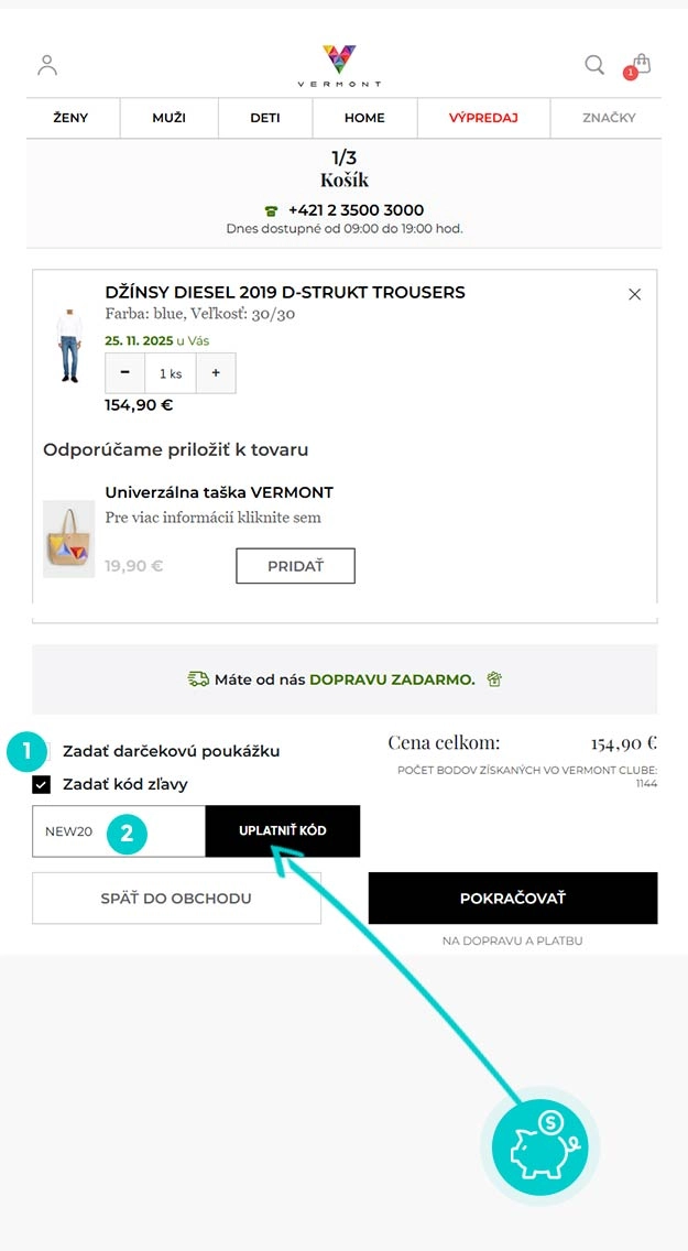 Návod ako uplatniť zľavový kód v košíku e-shopu Vermont
