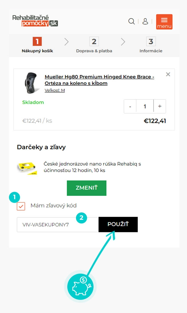 Návod ako uplatniť zľavový kód v košíku e-shopu RehabilitačnéPomôcky.sk