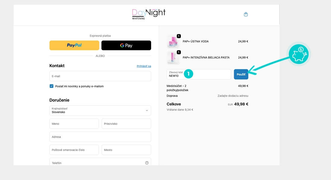 Návod ako uplatniť zľavový kód v košíku e-shopu DayNight