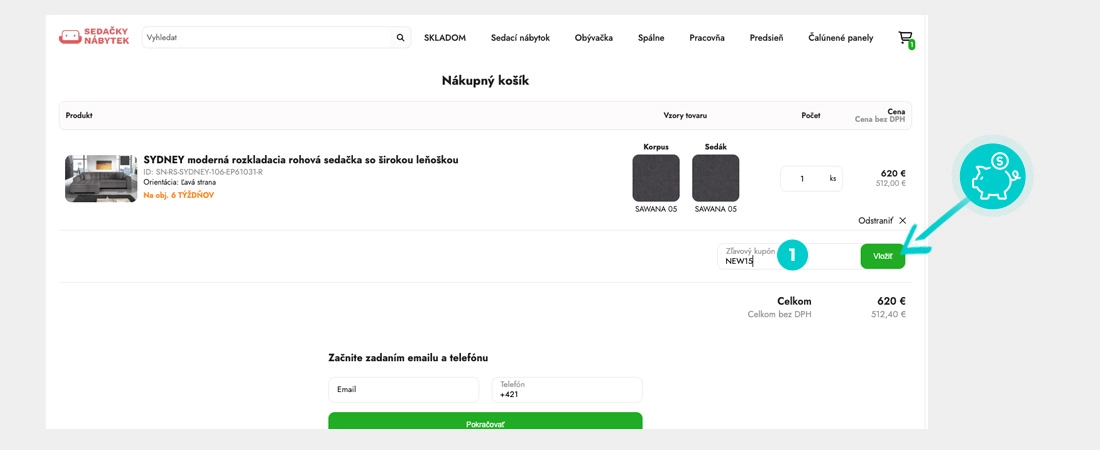 Návod ako uplatniť zľavový kód v košíku e-shopu Sedačky nábytok