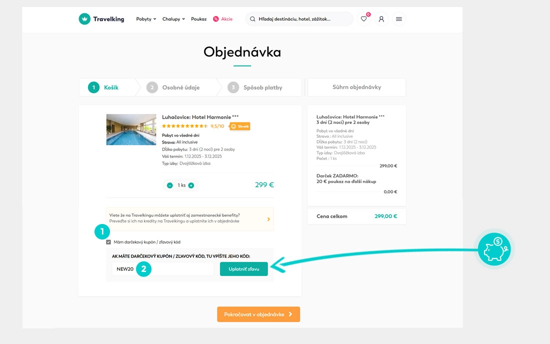 Návod ako uplatniť zľavový kód v košíku e-shopu Travelking