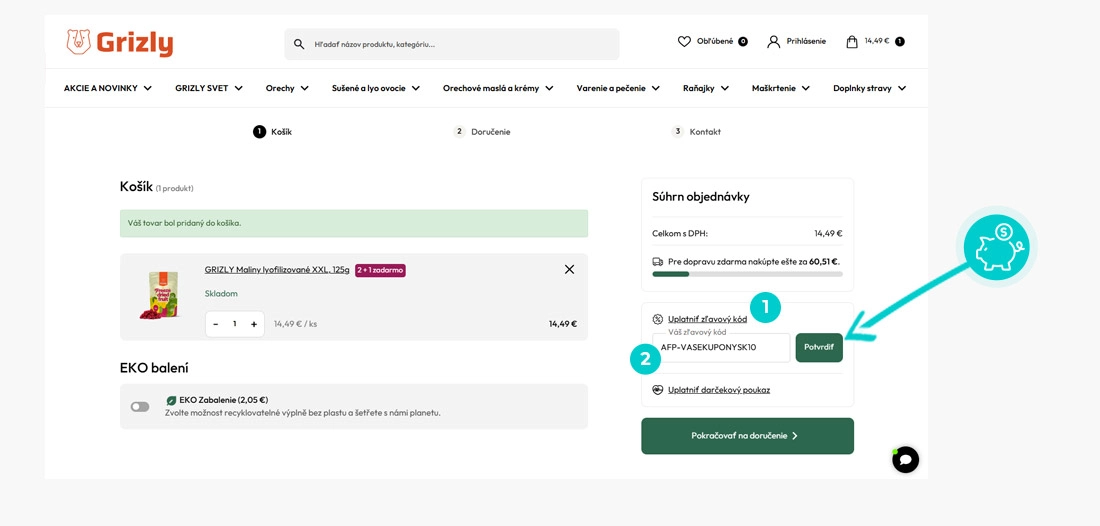Návod ako uplatniť zľavový kód v košíku e-shopu Grizly