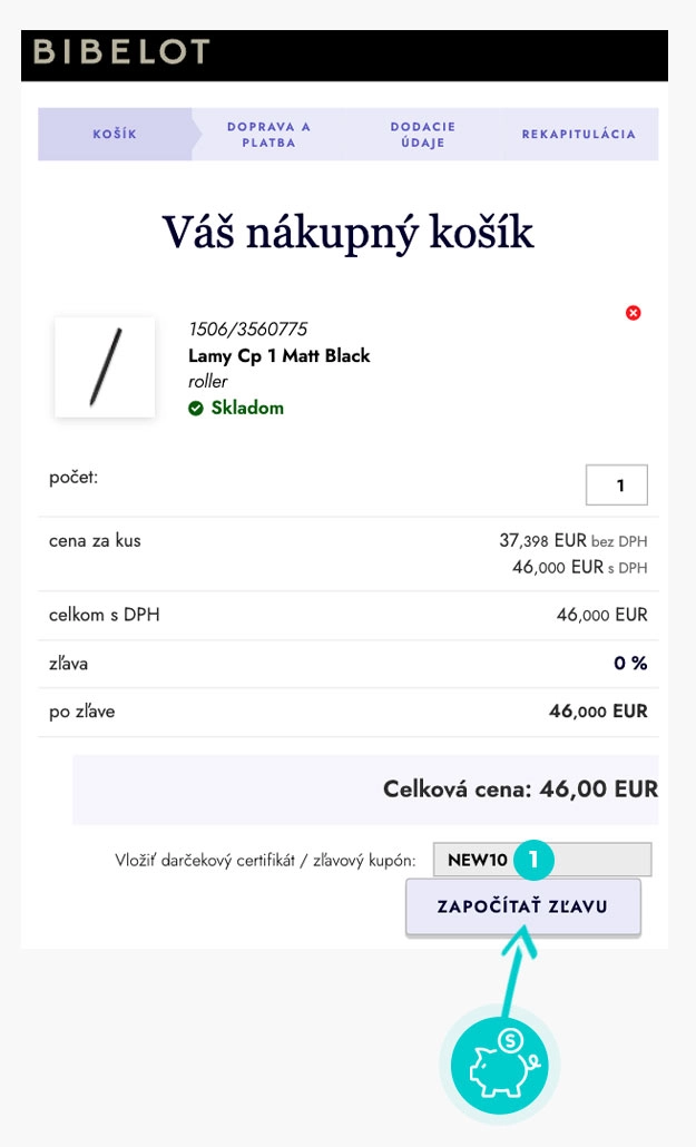Návod ako uplatniť zľavový kód v košíku e-shopu Bibelot