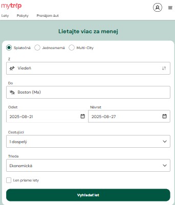 vyhľadávacie pole pre nákup leteniek