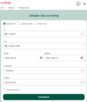 vyhľadávacie pole pre nákup leteniek
