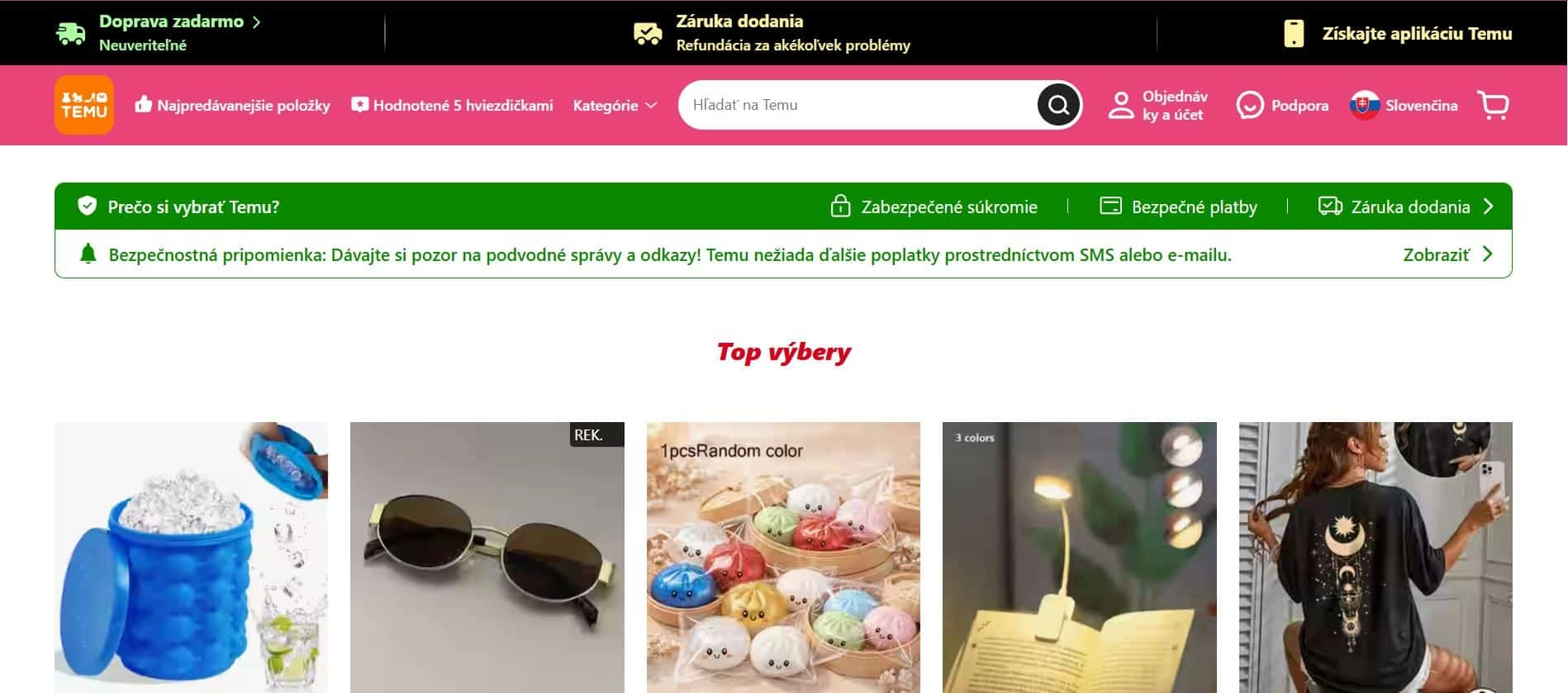 screen home page e-shopu Temu s fotografiami produtkov, nádoba na ľad, okuliare, tričko