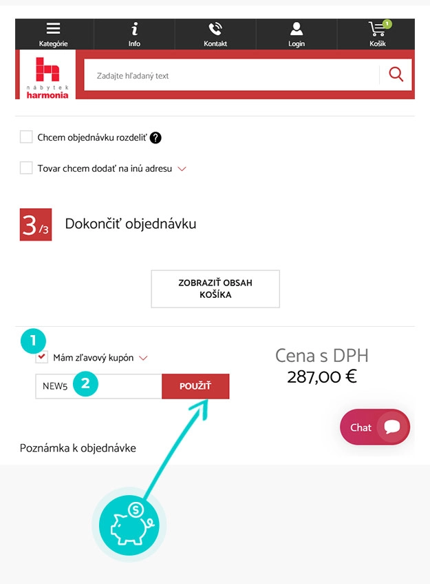 Návod ako uplatniť zľavový kód v košíku e-shopu Nábytok Harmonia