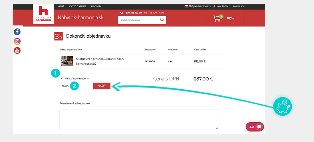 Návod ako uplatniť zľavový kód v košíku e-shopu Nábytok Harmonia