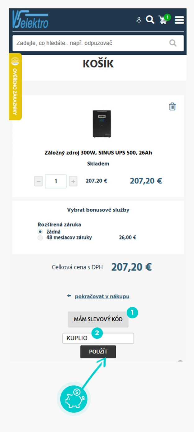 Návod ako uplatniť zľavový kód v košíku e-shopu VSelektro
