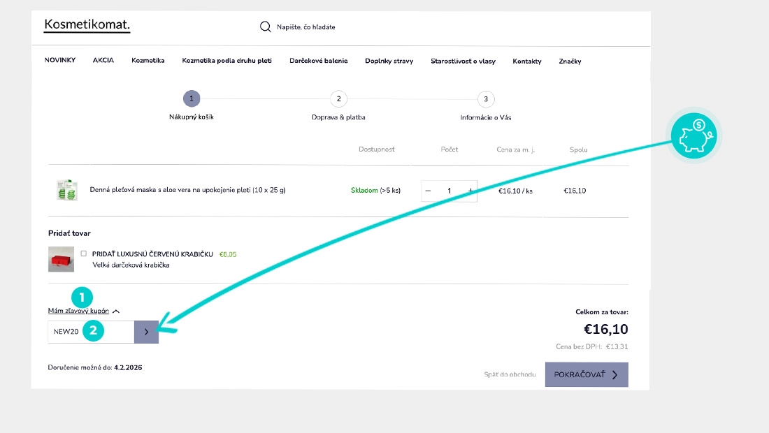 Návod ako uplatniť zľavový kód v košíku e-shopu Kosmetikomat