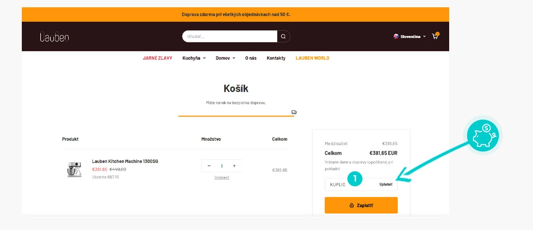 Návod ako uplatniť zľavový kód v košíku e-shopu Lauben