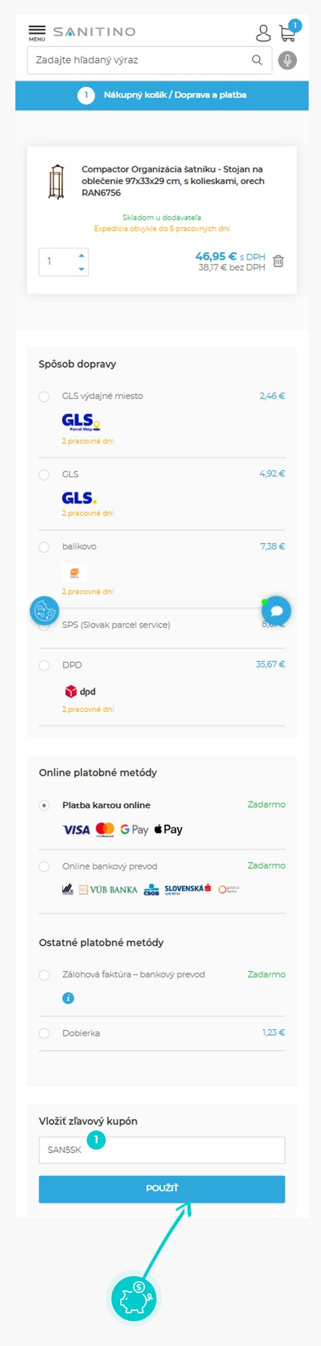 Návod ako uplatniť zľavový kód v košíku e-shopu Sanitino