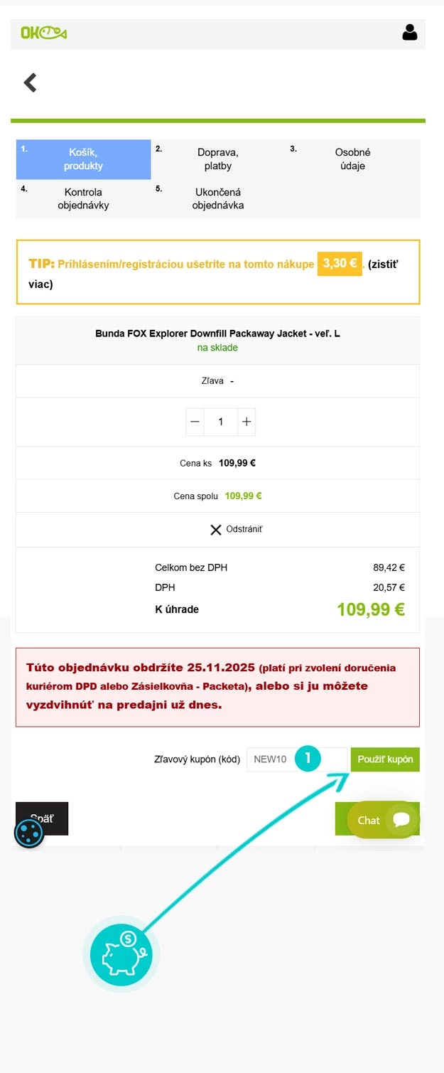 Návod ako uplatniť zľavový kód v košíku e-shopu OKfish