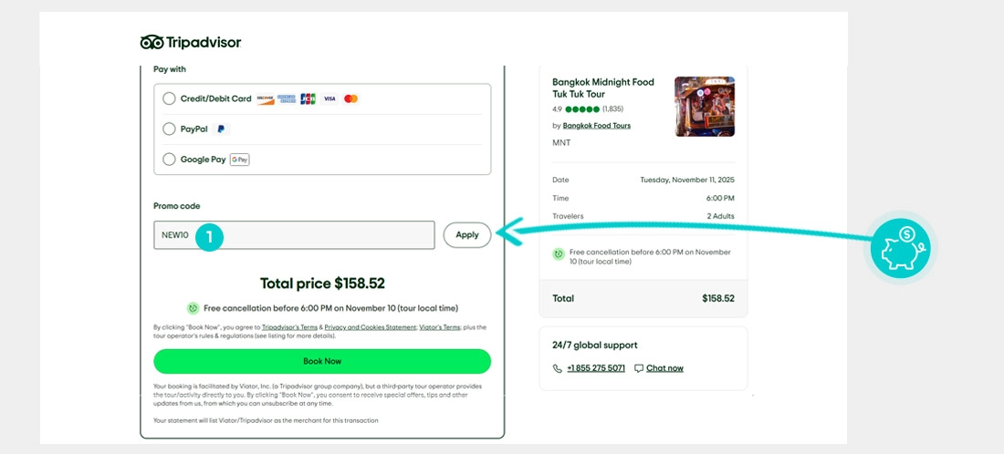 Návod ako uplatniť zľavový kód v košíku e-shopu Tripadvisor