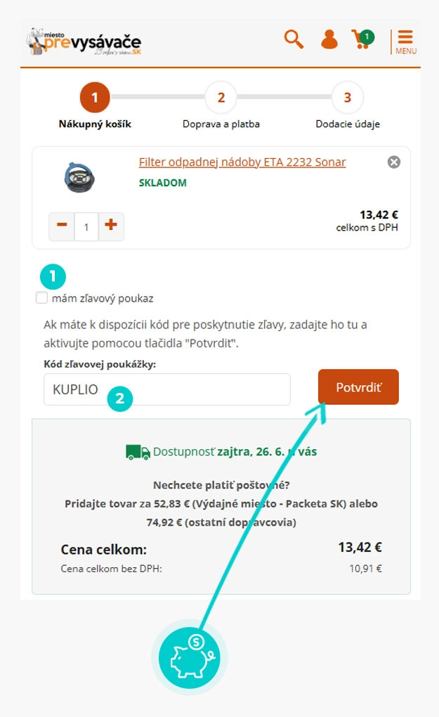 Návod ako uplatniť zľavový kód v košíku e-shopu Prevysávače.sk