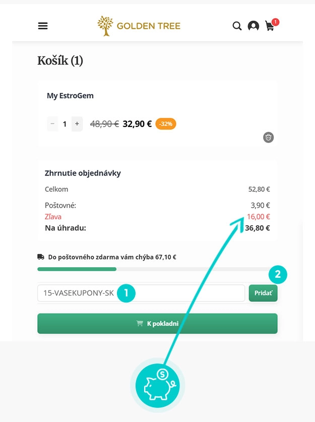 Návod ako uplatniť zľavový kód v košíku e-shopu Golden Tree