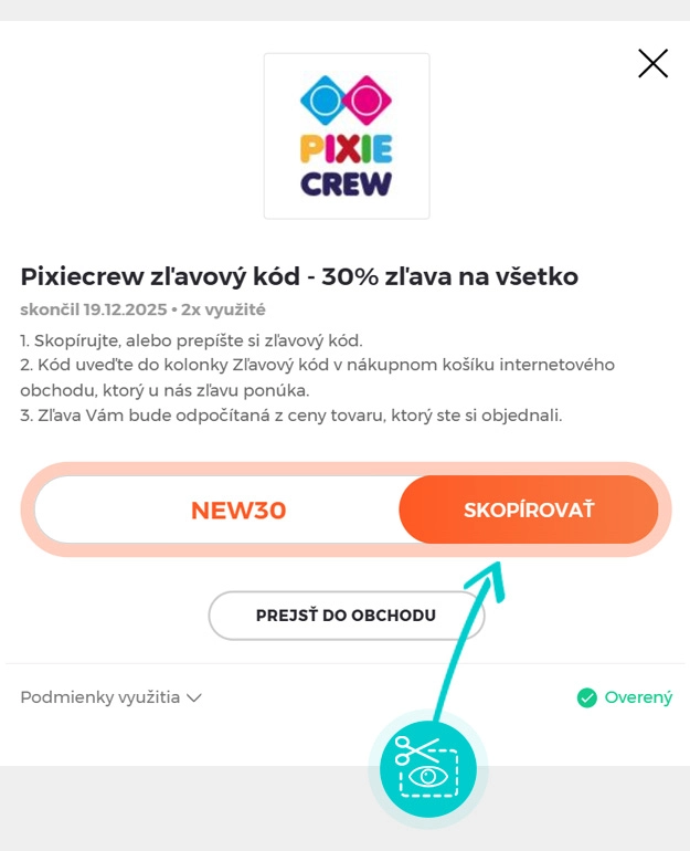 Návod ako skopírovať zľavový kód pixie crew
