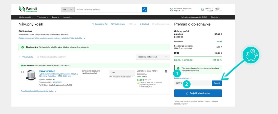Návod ako uplatniť zľavový kód v košíku e-shopu Farnell