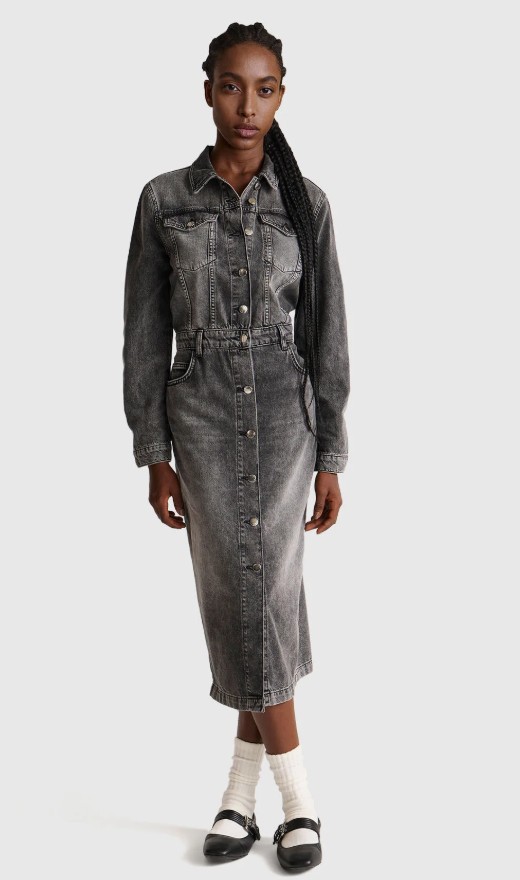 žena v džínsových košelových šatách