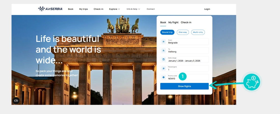 Návod ako uplatniť zľavový kód v košíku e-shopu Air Serbia
