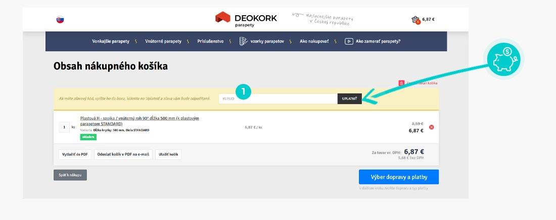 Návod ako uplatniť zľavový kód v košíku e-shopu Parapety Deokork