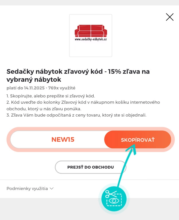 Návod ako skopírovať zľavový kód Sedačky nábytok
