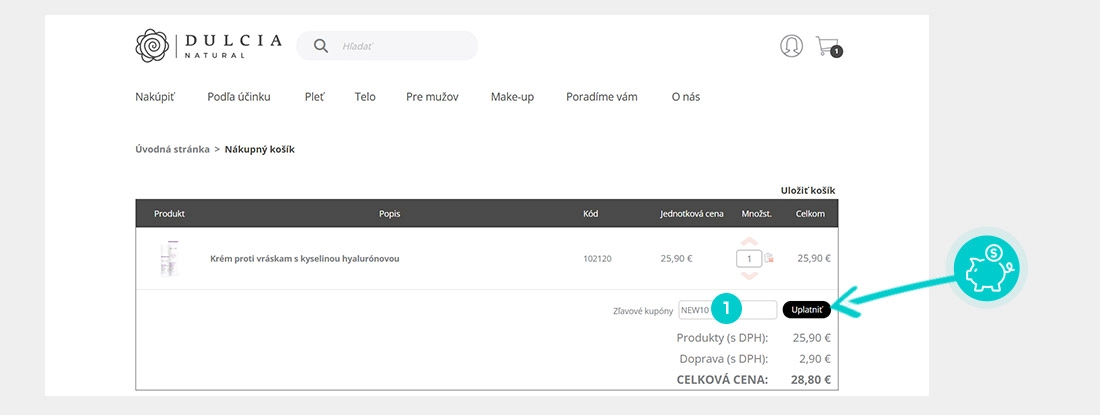 Návod ako uplatniť zľavový kód v košíku e-shopu Dulcia