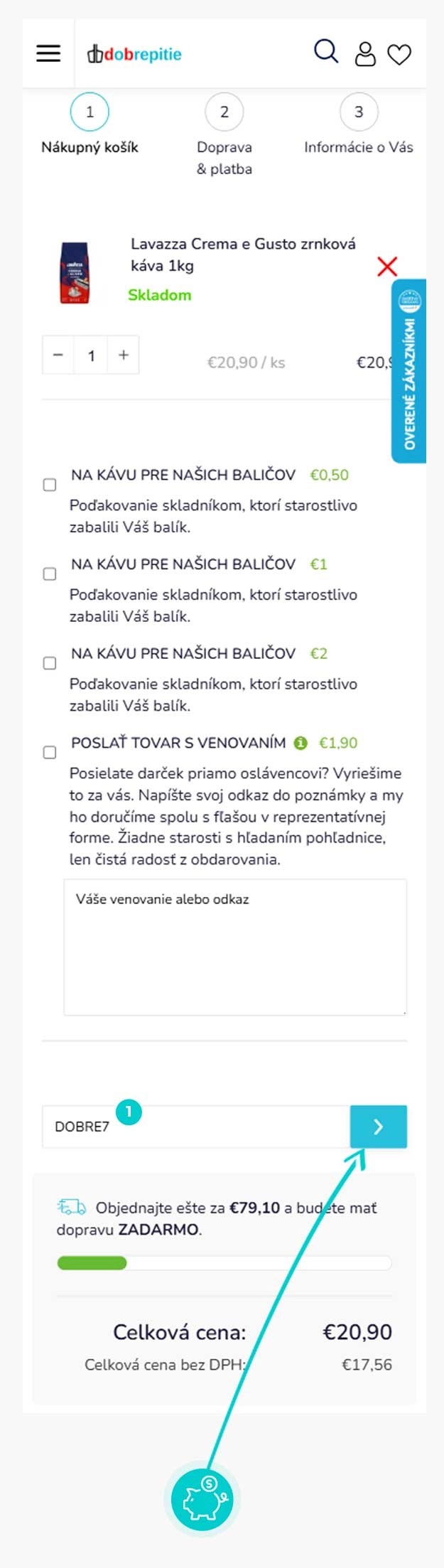 Návod ako uplatniť zľavový kód v košíku e-shopu DobrePitie