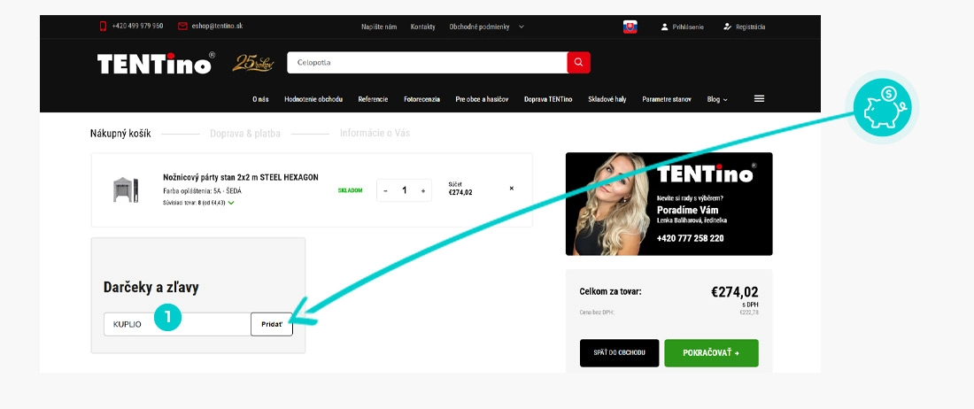 Návod ako uplatniť zľavový kód v košíku e-shopu Tentino