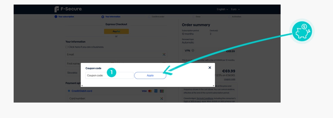 Návod ako uplatniť zľavový kód v košíku e-shopu F-Secure