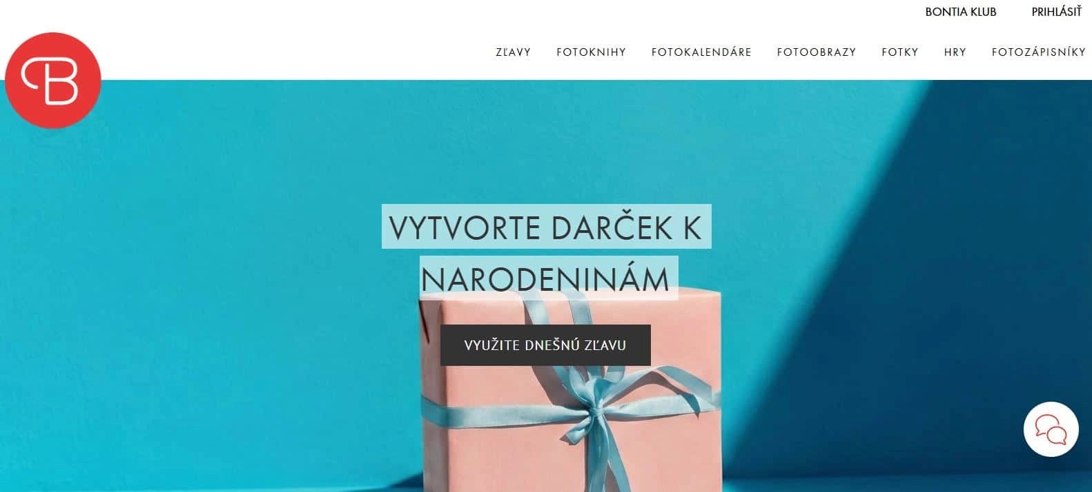 Homepage e-shopu Bontia, kde je modré pozadie a ružový darček k narodeninám