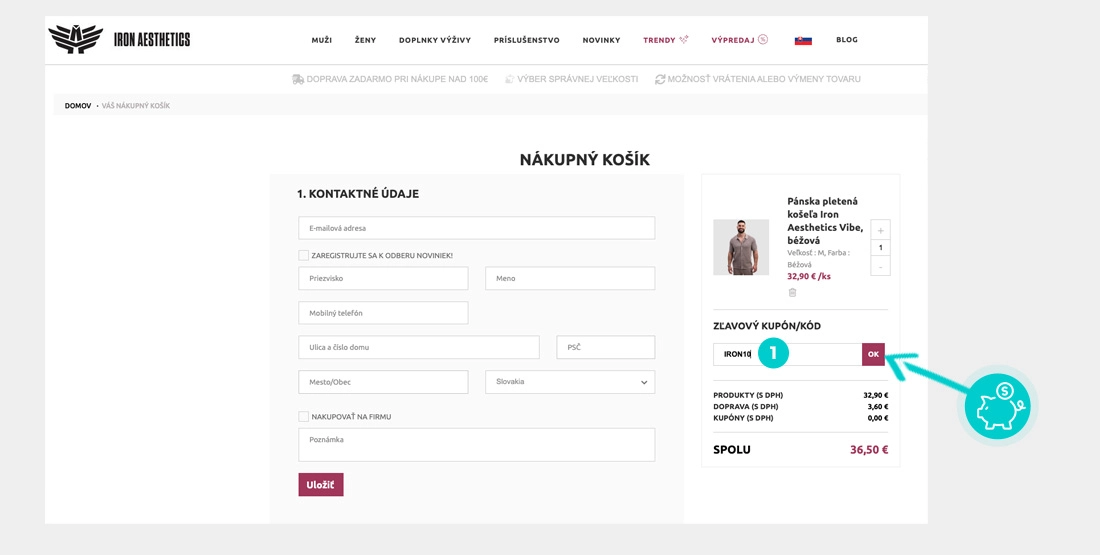 Návod ako uplatniť zľavový kód v košíku e-shopu Iron Aesthetics