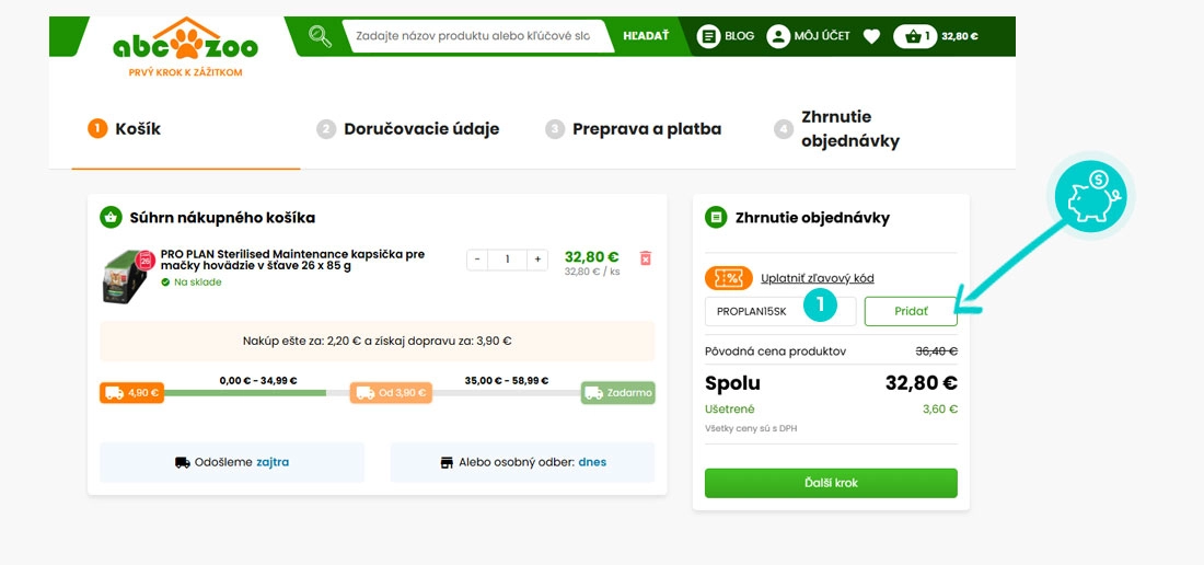 Návod ako uplatniť zľavový kód v košíku e-shopu Abc-zoo
