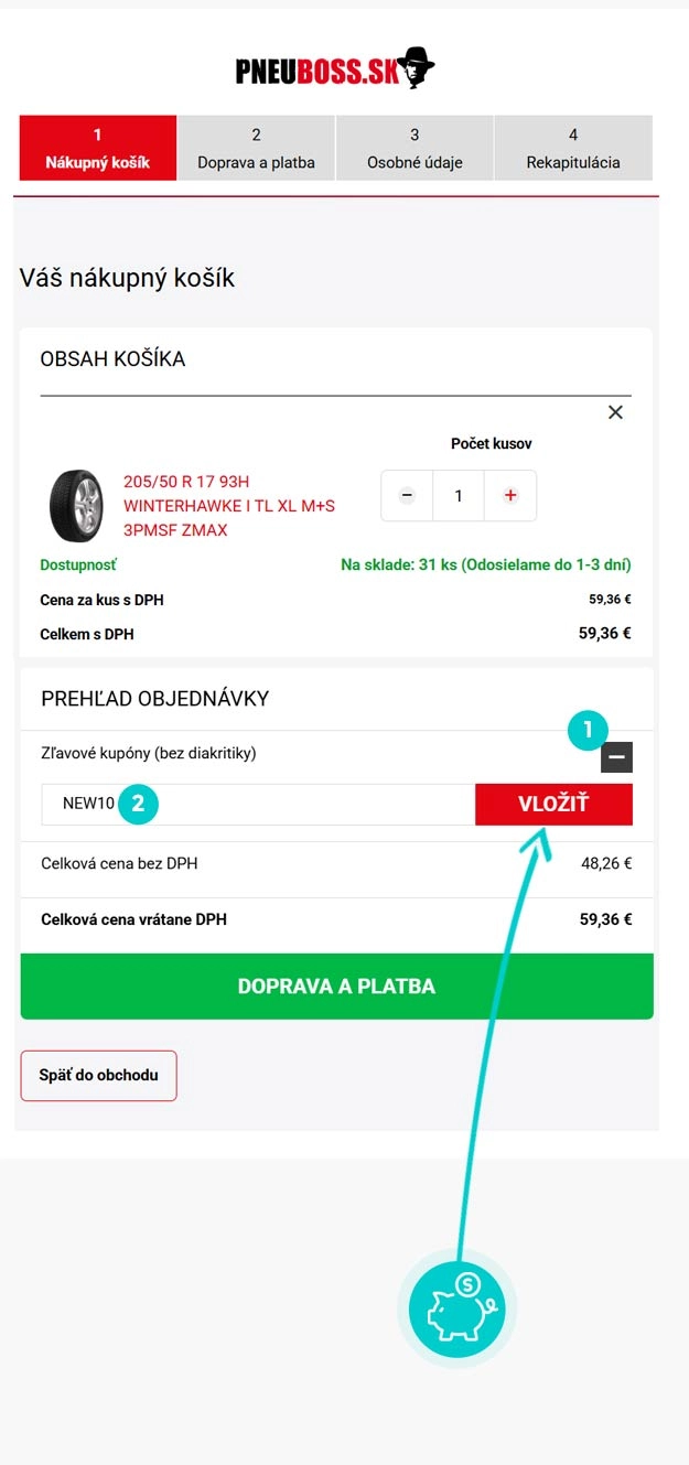 Návod ako uplatniť zľavový kód v košíku e-shopu Pneuboss