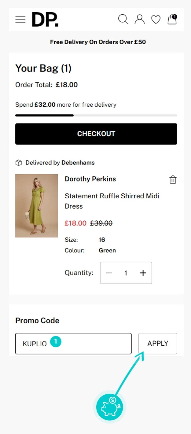 Návod ako uplatniť zľavový kód v košíku e-shopu Dorothy Perkins