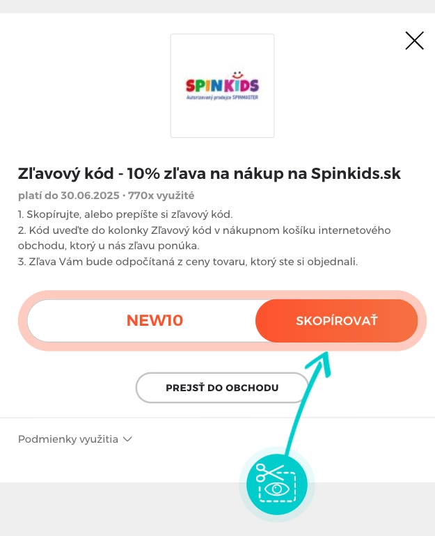 Návod ako skopírovať zľavový kód Spinkids