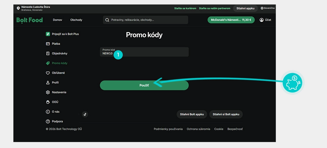 Návod ako uplatniť zľavový kód v košíku e-shopu Bolt Food