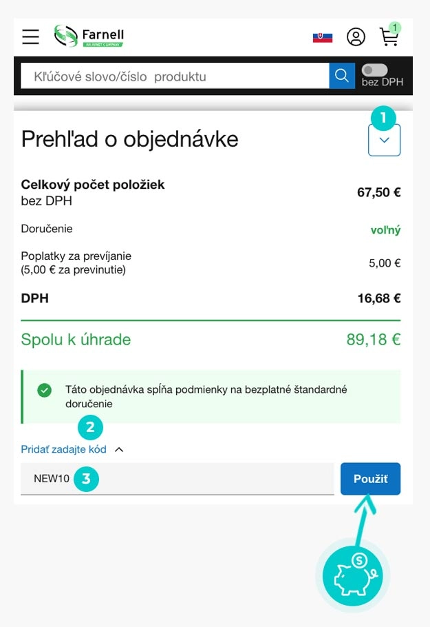 Návod ako uplatniť zľavový kód v košíku e-shopu Farnell