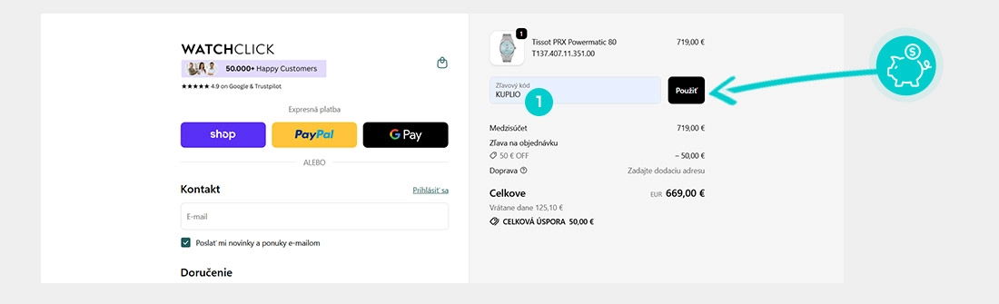 Návod ako uplatniť zľavový kód v košíku e-shopu WatchClick