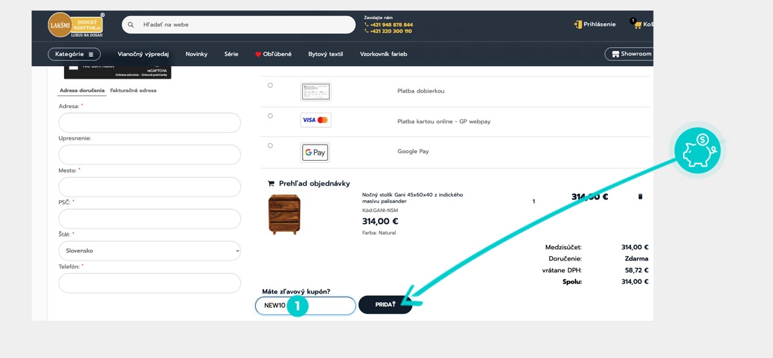 Návod ako uplatniť zľavový kód v košíku e-shopu Indický nábytok