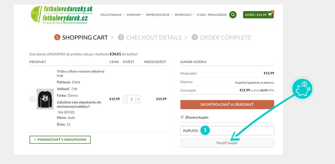 Návod ako uplatniť zľavový kód v košíku e-shopu Futbalovedarceky.sk