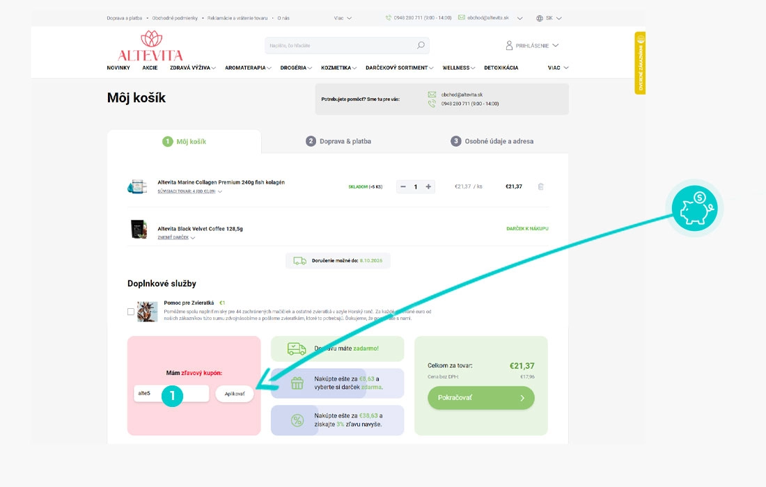 Návod ako uplatniť zľavový kód v košíku e-shopu Altevita