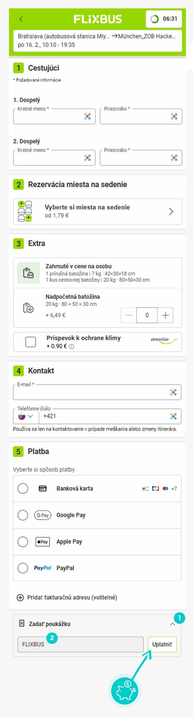 Návod ako uplatniť zľavový kód v košíku e-shopu FlixBus