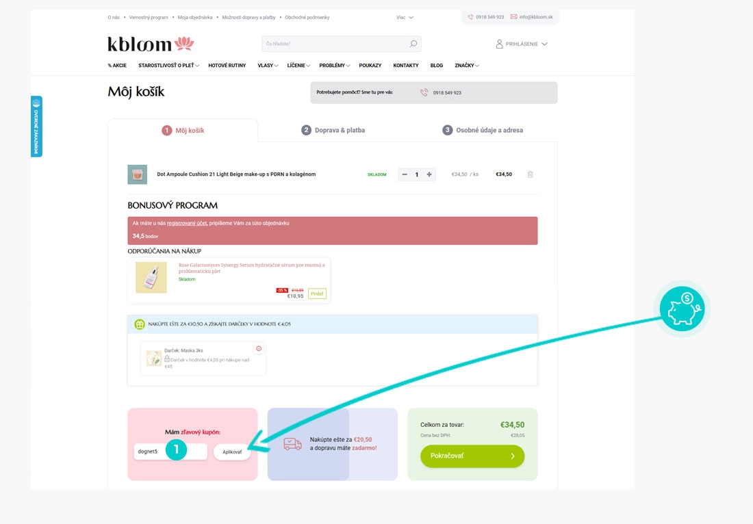 Návod ako uplatniť zľavový kód v košíku e-shopu Kbloom