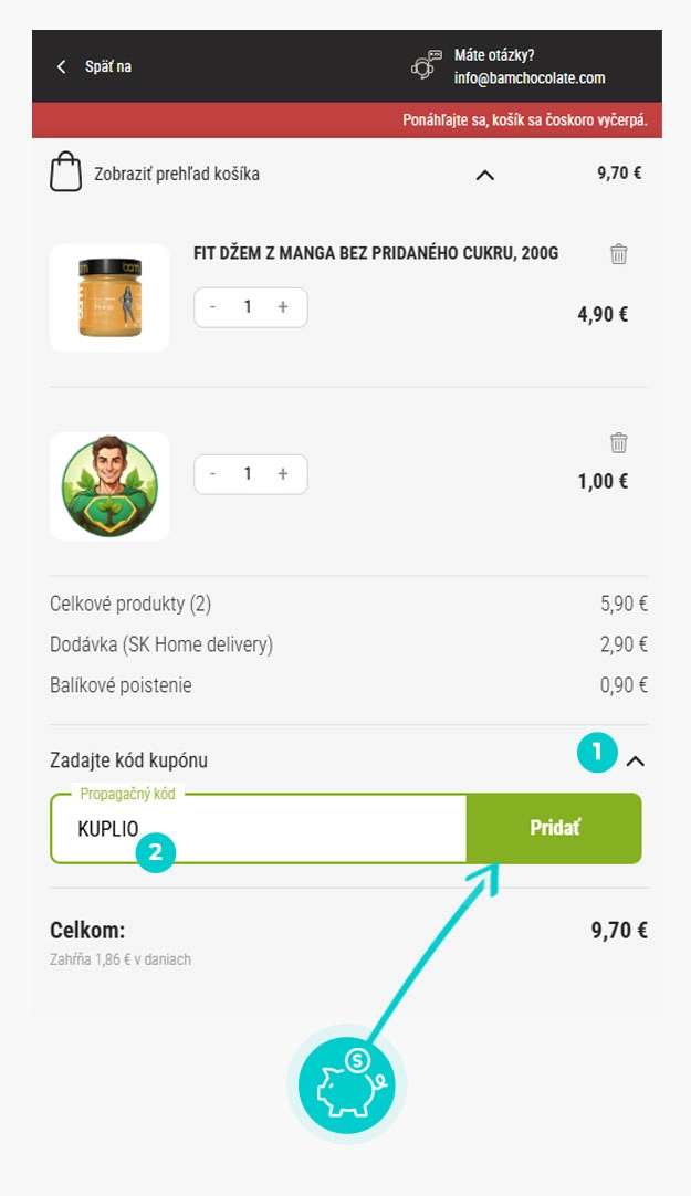 Návod ako uplatniť zľavový kód v košíku e-shopu BAM Čokoláda