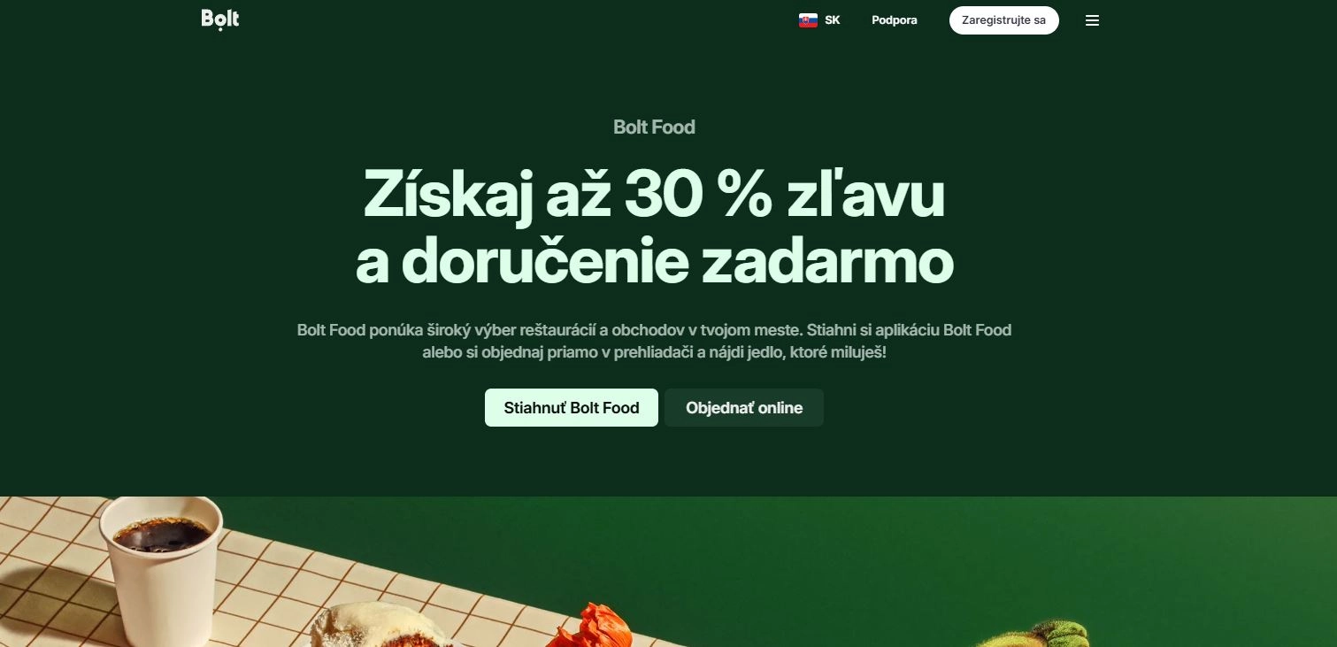 homepage e-shopu Bolt Food, s možnosťou získať zľavu a doručenie zadarmo so zeleným pozadím