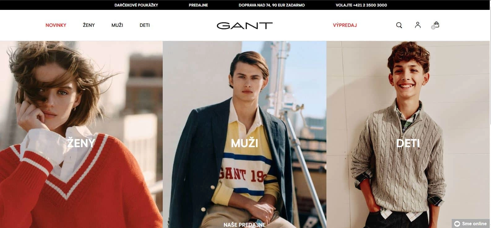 Homepage e-shopu Gant, kde je žena, muž a dieťa v ležérnom oblečení.