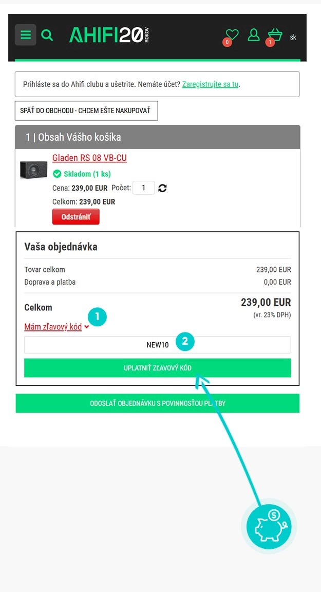 Návod ako uplatniť zľavový kód v košíku e-shopu Ahifi