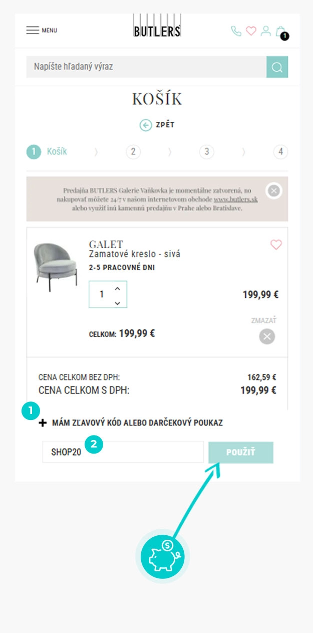 Návod ako uplatniť zľavový kód v košíku e-shopu Butlers